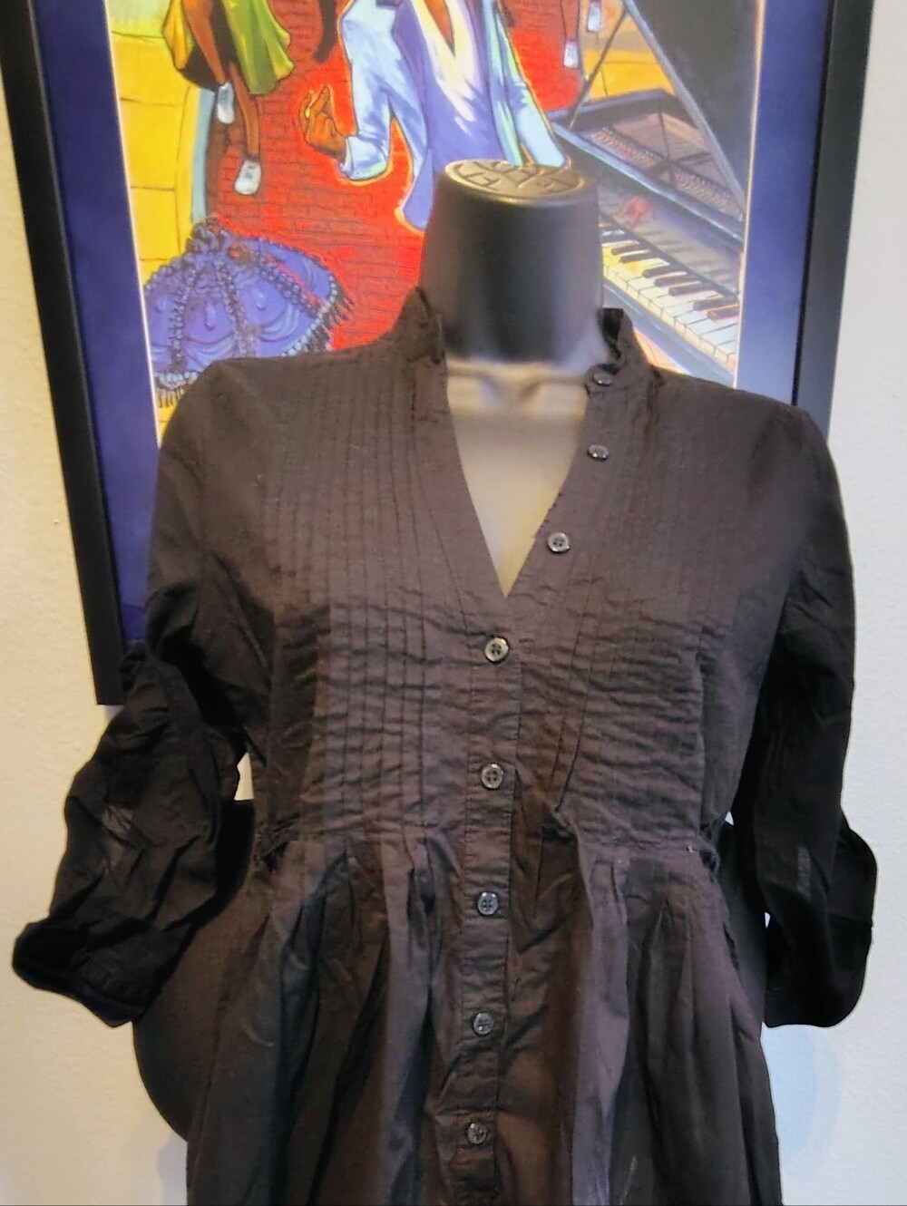Fire Los Angeles Black Pintuck Cotton Button Front Tunic Top - Size S - Picture 5 of 5